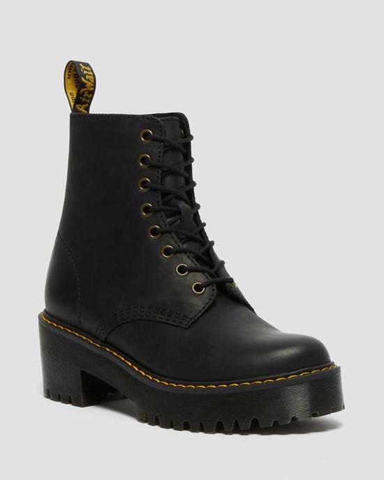 Black Burnished Wyoming Women's Dr Martens Shriver Hi Wyoming Leather Heeled Lace Up Boots | 147968-BXN