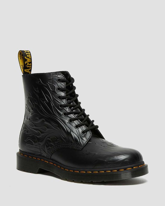 Black Flame Polished Smooth Men's Dr Martens 1460 Flames Emboss Leather Lace Up Boots | 106439-EJH