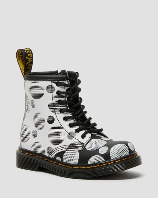 Black Hydro Leather Kids' Dr Martens Toddler 1460 Polka Dot Leather Lace Up Boots | 078241-XBM