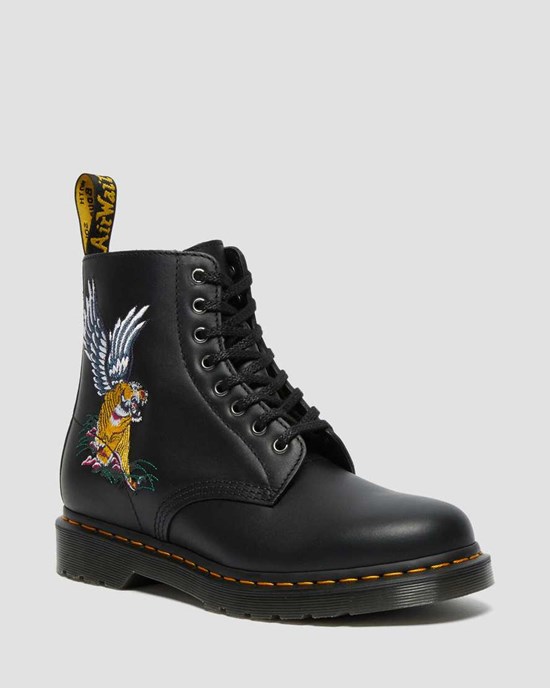 Black Nappa Men's Dr Martens 1460 Souvenir Embroidered Leather Lace Up Boots | 193850-NYS