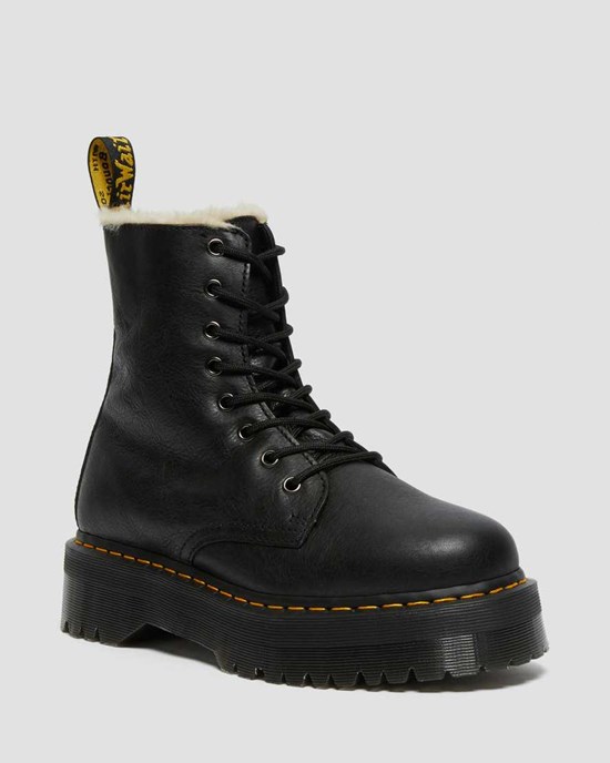 Black Pisa Women's Dr Martens Jadon Leather Faux Fur Lined Platform Lace Up Boots | 680241-HRI