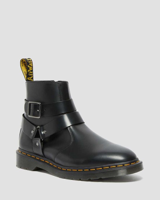 Black Polished Smooth Men's Dr Martens Jaimes Leather Harness Zip Up Boots | 972048-AWQ