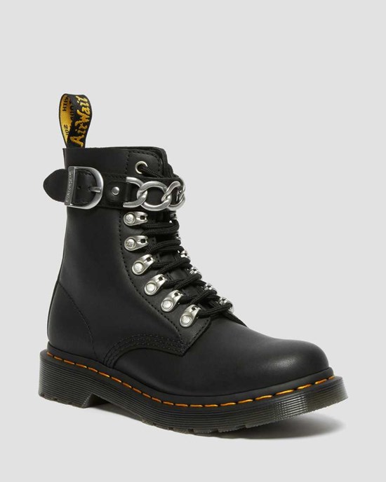 Black Sendal Women's Dr Martens 1460 Pascal Chain Leather Ankle Boots | 927605-KFW