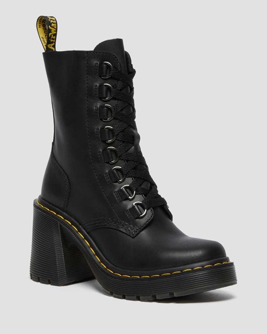 Black Sendal Women's Dr Martens Chesney Leather Flared Heel Lace Up Boots | 896735-CDM