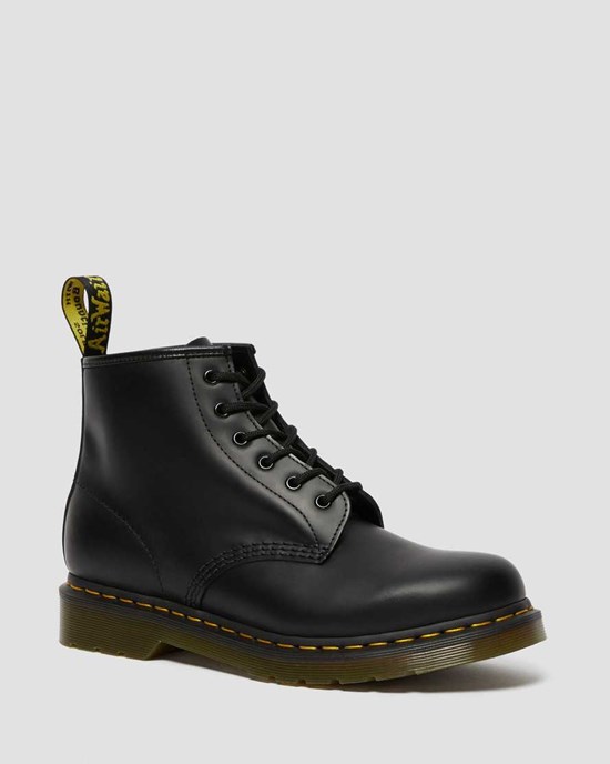 Black Smooth Leather Men's Dr Martens 101 Yellow Stitch Smooth Leather Lace Up Boots | 685407-DXF