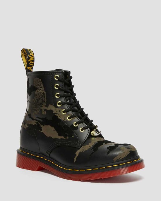 Black Smooth Leather Men's Dr Martens 1460 Year of The Tiger Leather Lace Up Boots | 156420-KMP