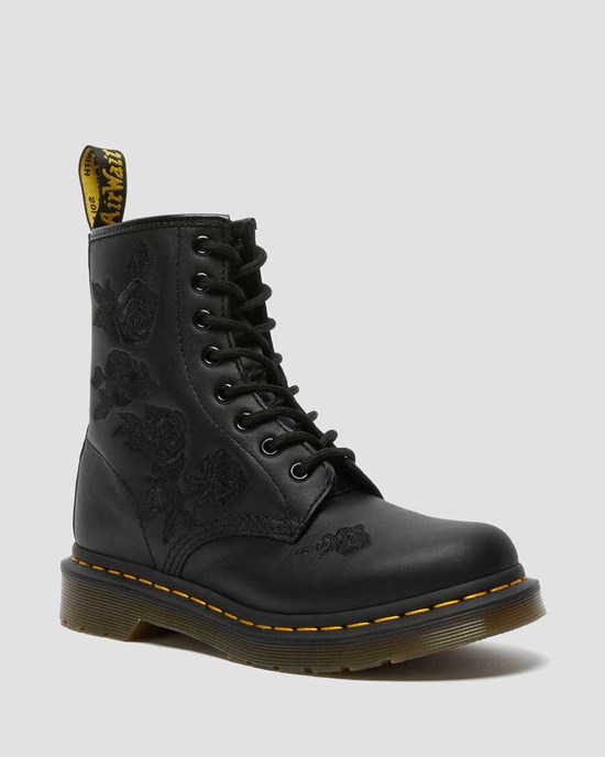 Black Softy T Women's Dr Martens 1460 Vonda Mono Floral Lace Up Boots | 714625-OVM