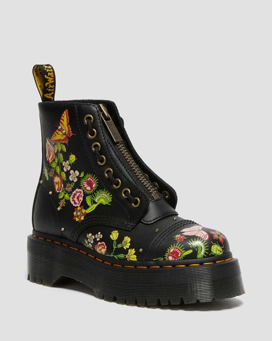 Black Women's Dr Martens Sinclair Floral Bloom Leather Ankle Boots | 526179-HWS