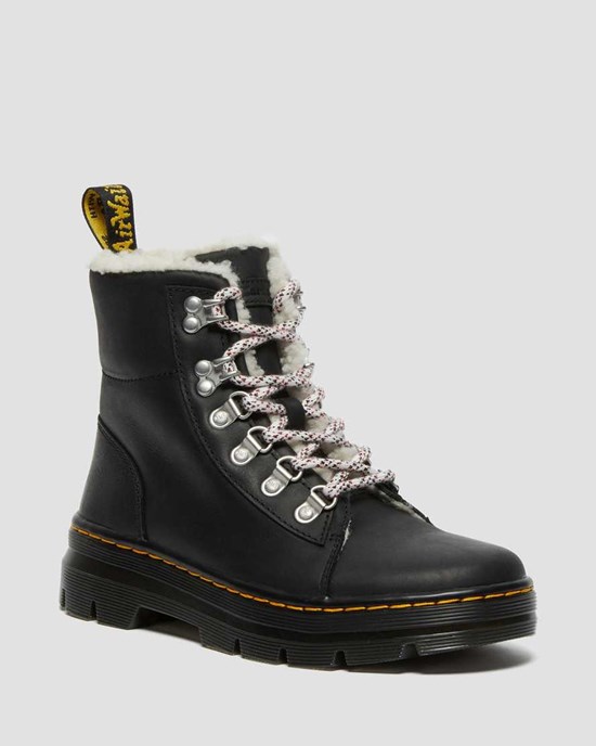 Black Wyoming Women's Dr Martens Combs Faux Shearling Lined Lace Up Boots | 105627-IAT