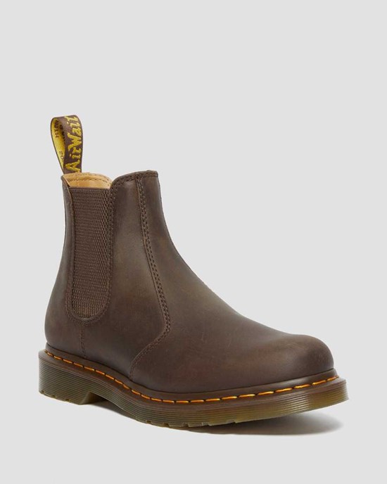 Dark Brown Crazy Horse Leather Women's Dr Martens 2976 Yellow Stitch Crazy Horse Leather Ankle Boots | 345872-KRG