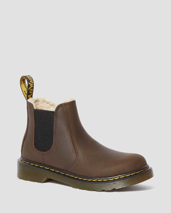 Dark Brown Republic Wp Kids' Dr Martens Junior 2976 Faux Fur Lined Chelsea Boots | 839102-ZLY