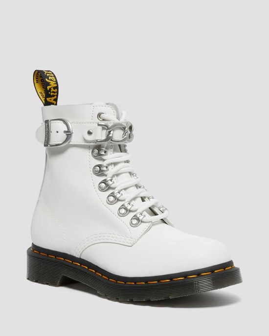 White Sendal Women's Dr Martens 1460 Pascal Chain Leather Ankle Boots | 567319-KQO