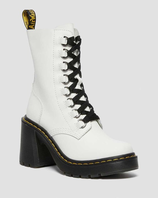 White Sendal Women's Dr Martens Chesney Leather Flared Heel Lace Up Boots | 053287-FDA