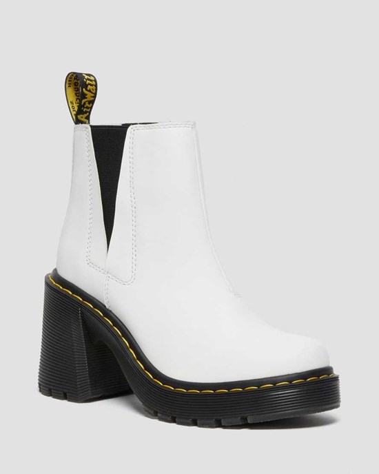 White Sendal Women's Dr Martens Spence Leather Flared Heeled Boots | 681473-LQR