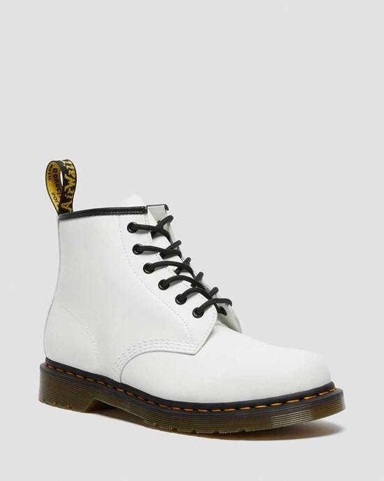 White Smooth Leather Women's Dr Martens 101 Yellow Stitch Smooth Leather Lace Up Boots | 735284-XSU