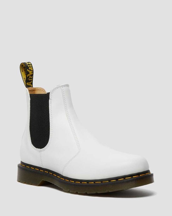 White Smooth Leather Women's Dr Martens 2976 Yellow Stitch Smooth Leather Ankle Boots | 896312-BHC