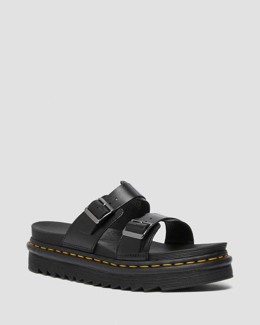 Black Brando Men's Dr Martens Myles Brando Leather Buckle Slide Sandals | 803951-FIE