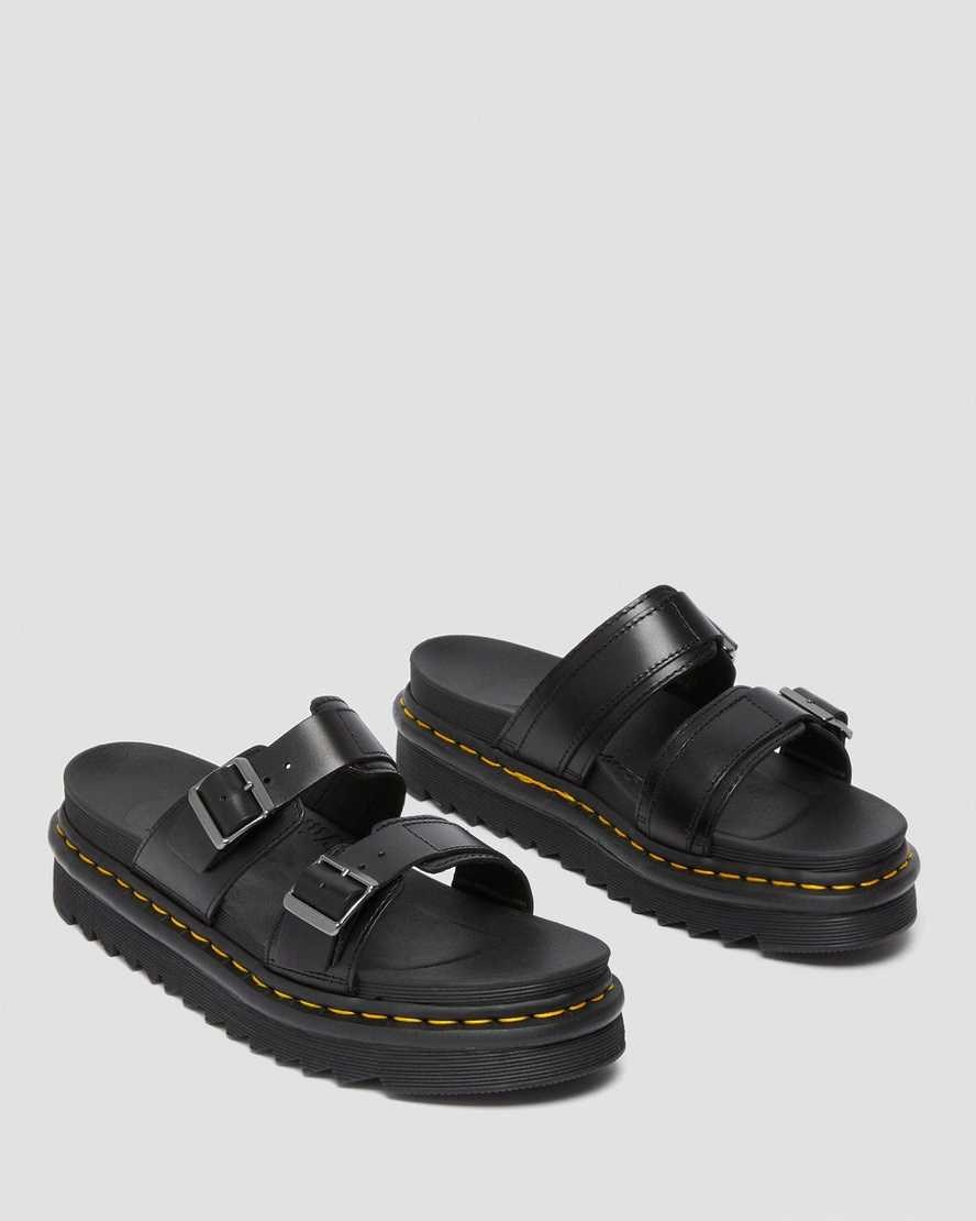 Black Brando Men's Dr Martens Myles Brando Leather Buckle Slide Sandals | 803951-FIE