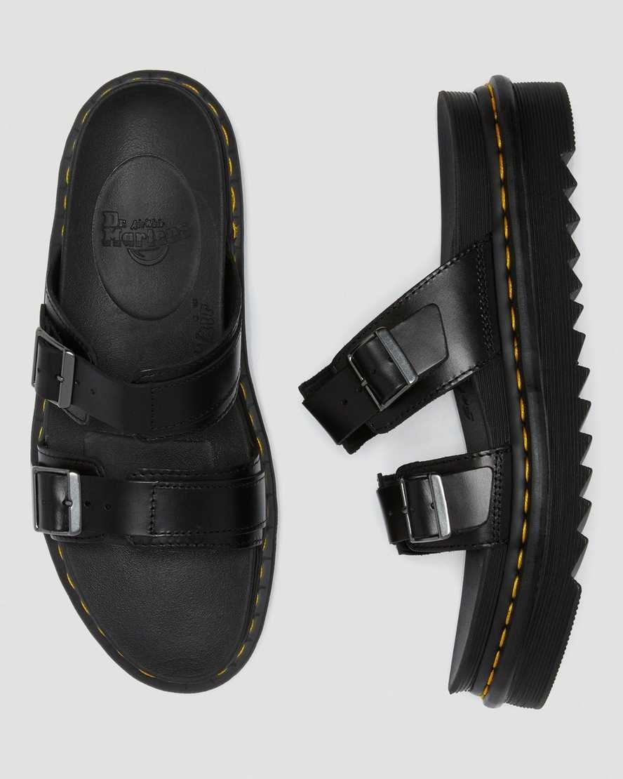 Black Brando Women's Dr Martens Myles Brando Leather Buckle Slide Sandals | 576049-AFZ