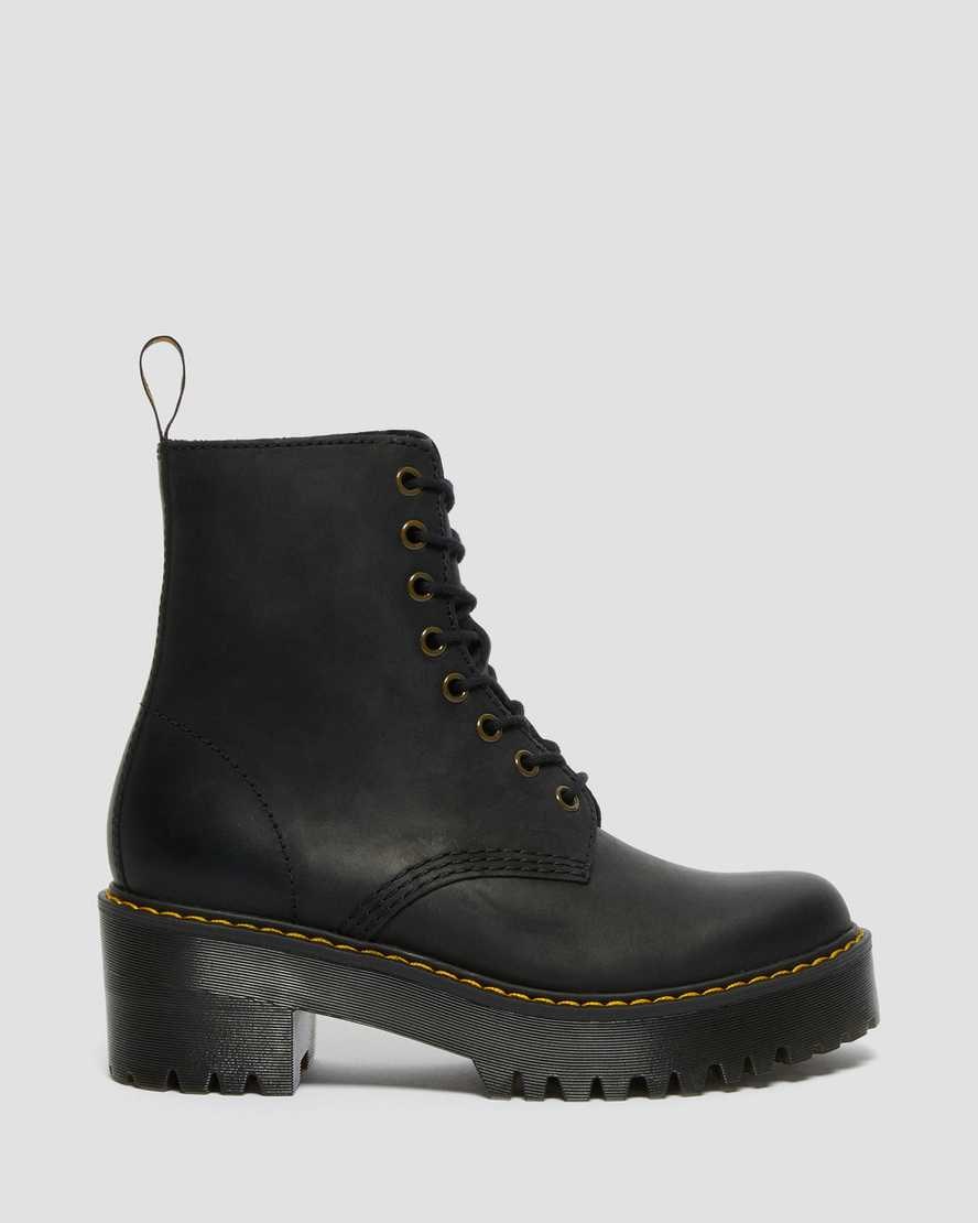 Black Burnished Wyoming Women's Dr Martens Shriver Hi Wyoming Leather Heeled Boots | 285709-BLX