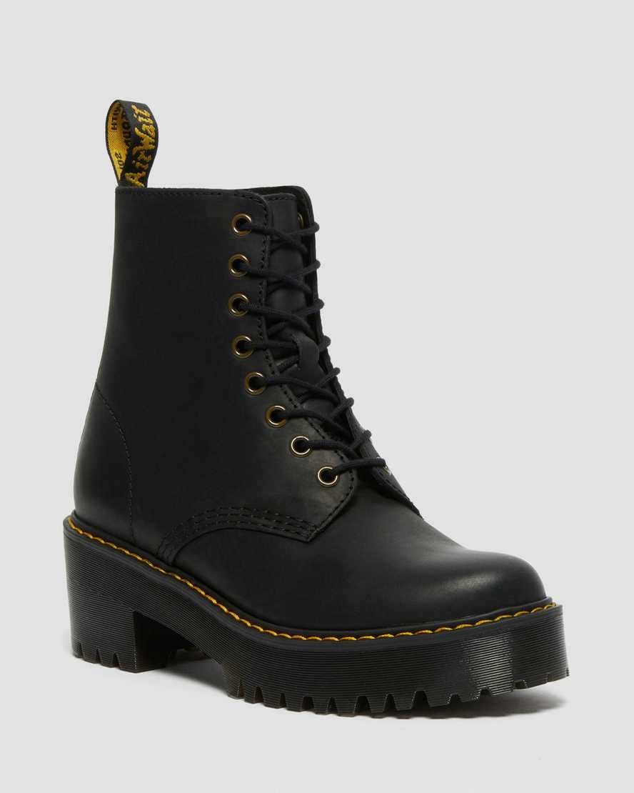 Black Burnished Wyoming Women\'s Dr Martens Shriver Hi Wyoming Leather Heeled Boots | 285709-BLX