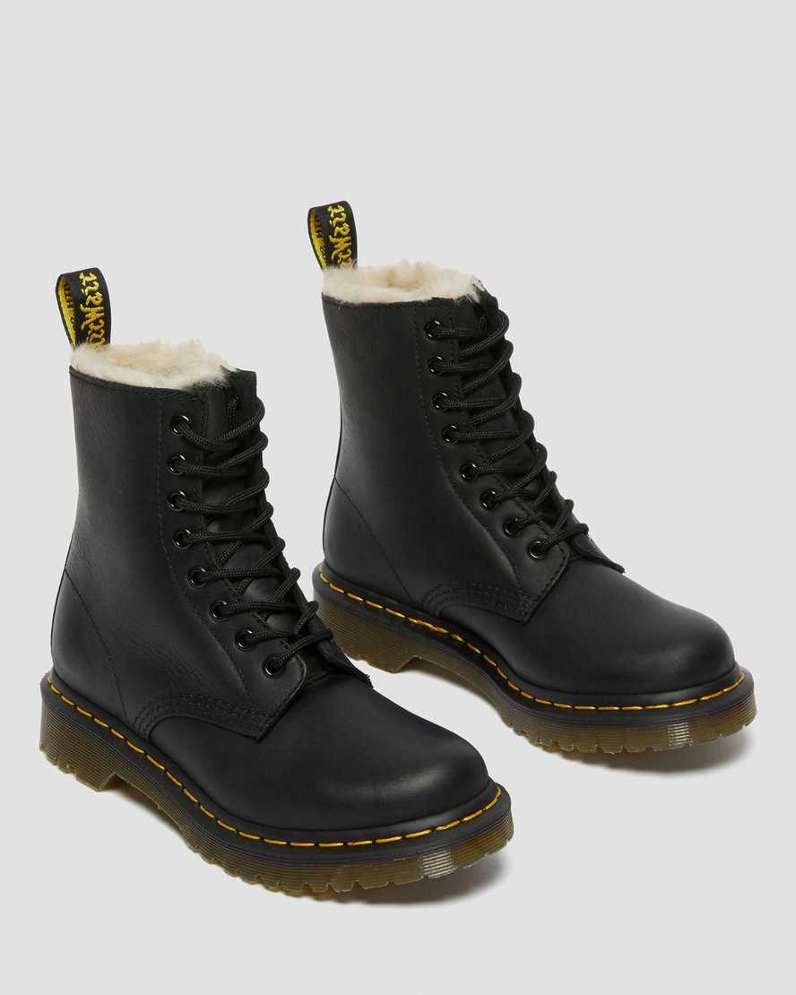 Black Burnished Wyoming Women's Dr Martens 1460 Faux Fur Lined Lace Up Boots | 639574-AHK