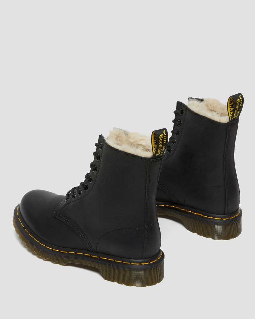 Black Burnished Wyoming Women's Dr Martens 1460 Faux Fur Lined Lace Up Boots | 639574-AHK