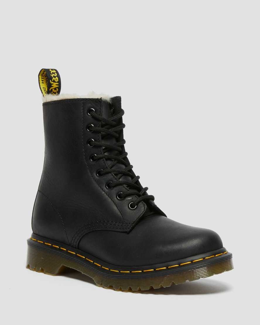 Black Burnished Wyoming Women's Dr Martens 1460 Faux Fur Lined Lace Up Boots | 639574-AHK