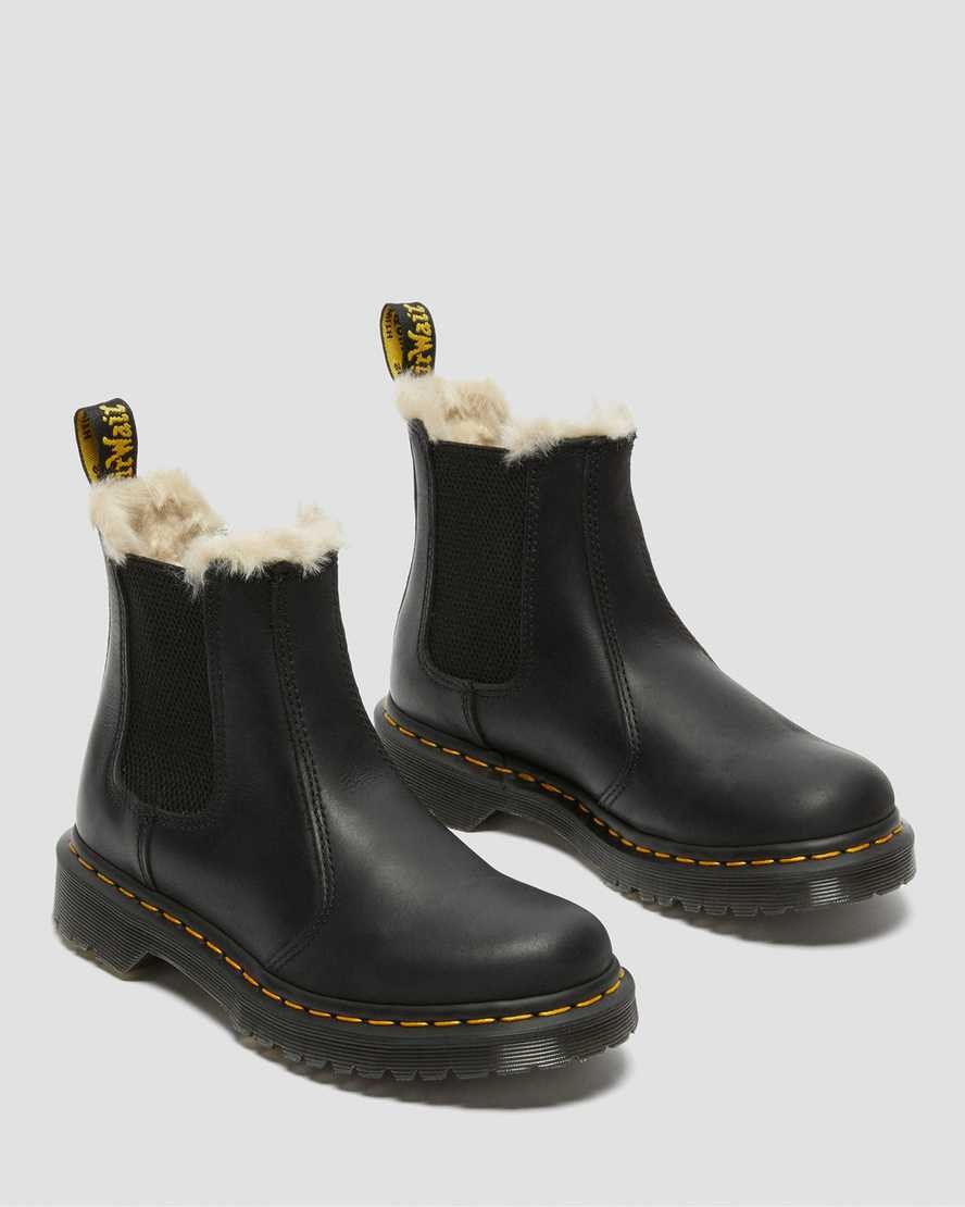 Black Burnished Wyoming Women's Dr Martens 2976 Faux Fur Lined Chelsea Boots | 801642-QDA