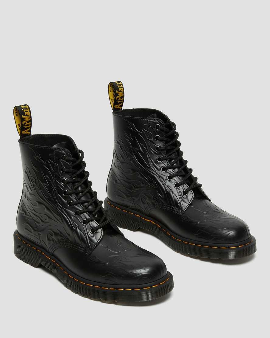 Black Flame Polished Smooth Men's Dr Martens 1460 Flames Emboss Leather Ankle Boots | 837916-EFZ