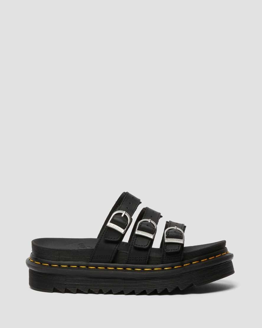 Black Hydro Leather Women's Dr Martens Blaire Leather Slide Sandals | 903174-LGS