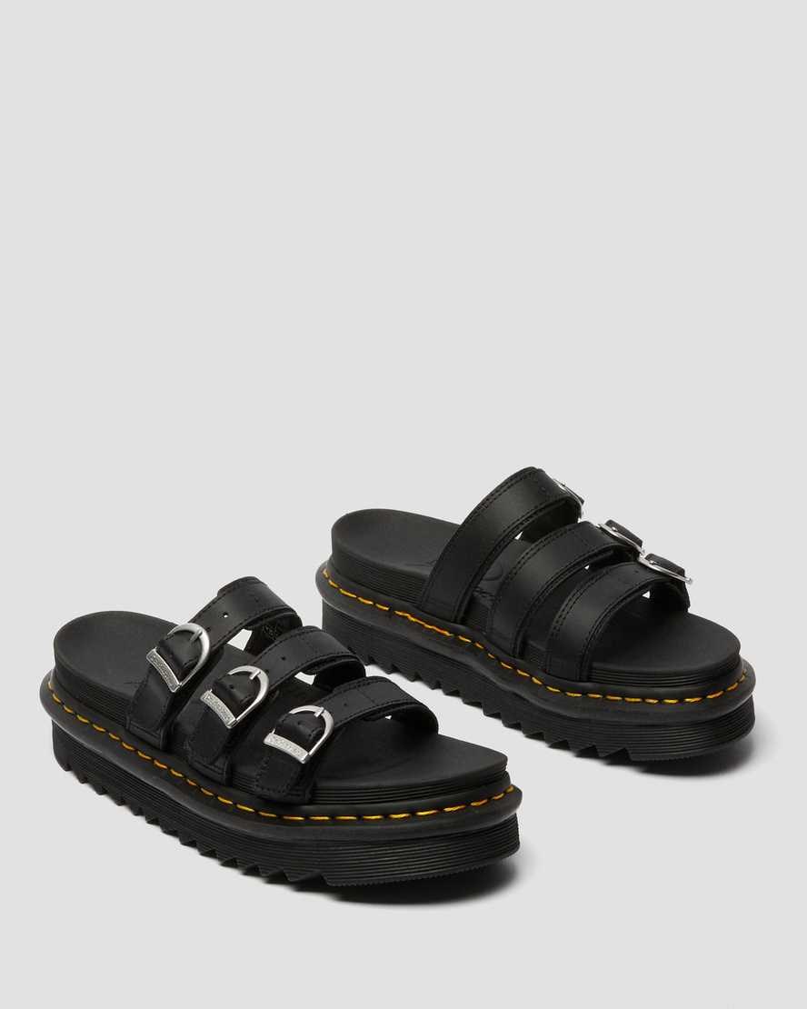 Black Hydro Leather Women's Dr Martens Blaire Leather Slide Sandals | 903174-LGS