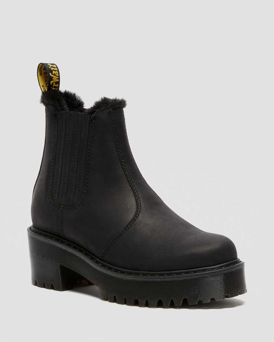 Black Moldova Women's Dr Martens Rometty Faux Fur Leather Heeled Boots | 397218-IKG