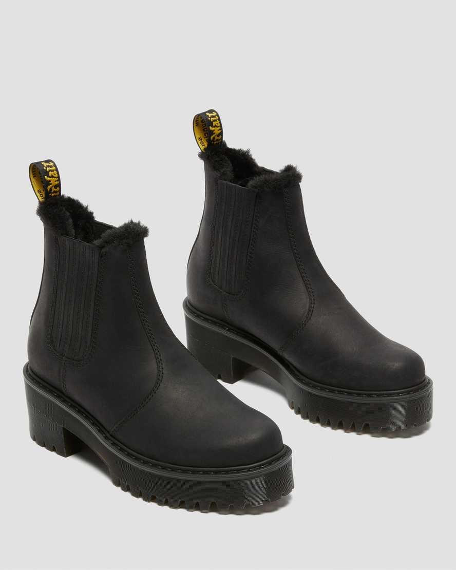 Black Moldova Women's Dr Martens Rometty Faux Fur Leather Heeled Boots | 397218-IKG