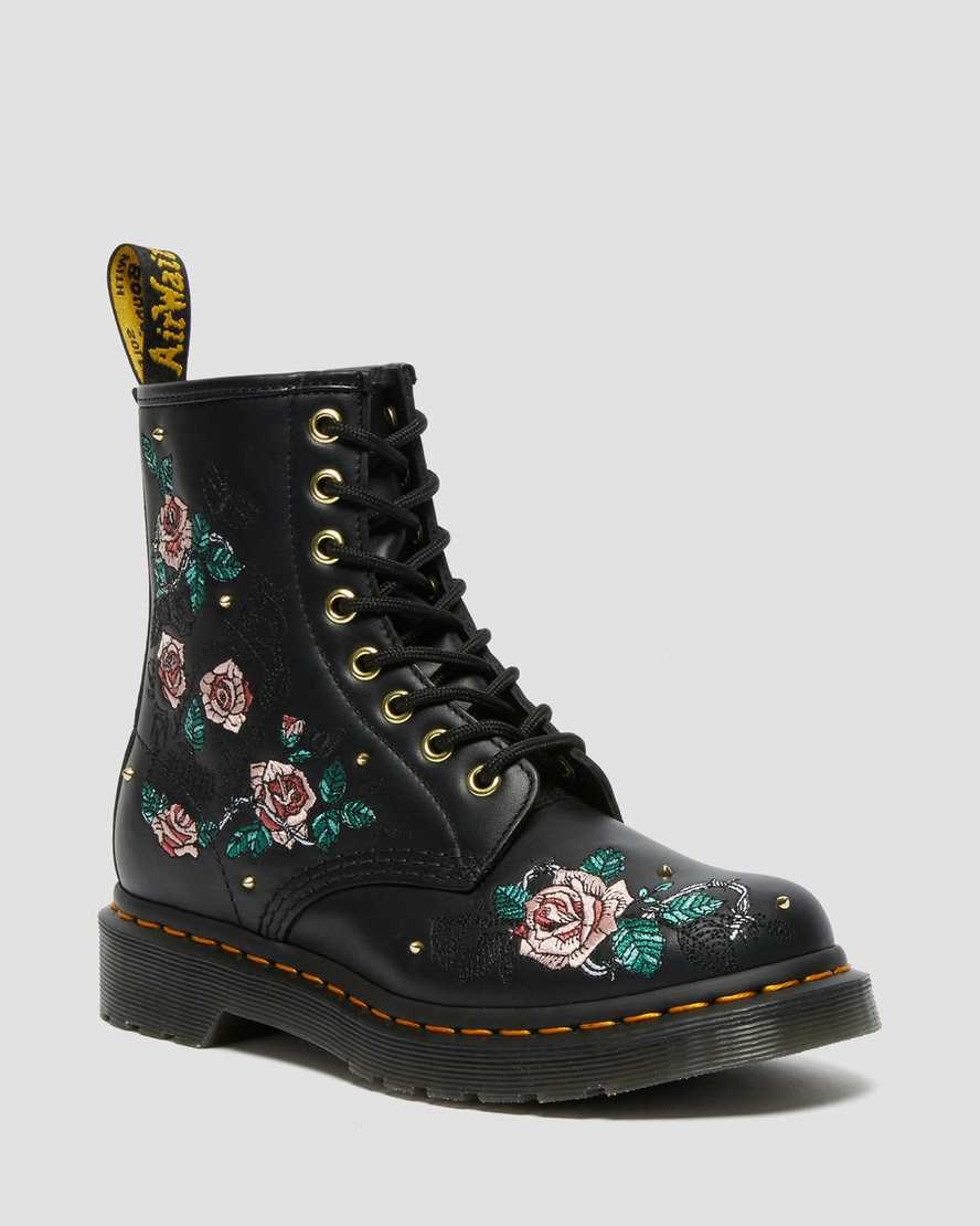 Black Nappa Women's Dr Martens 1460 Vonda Floral Leather Lace Up Boots | 617038-LCP