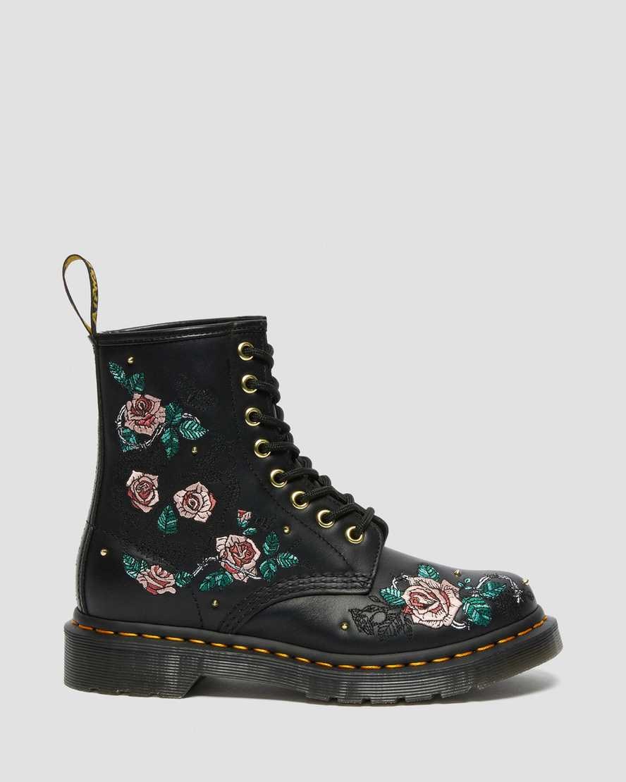 Black Nappa Women's Dr Martens 1460 Vonda Floral Leather Lace Up Boots | 617038-LCP