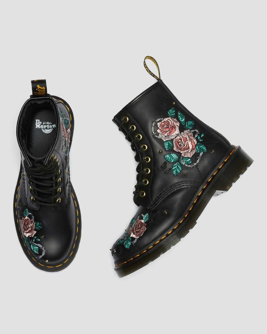 Black Nappa Women's Dr Martens 1460 Vonda Floral Leather Lace Up Boots | 617038-LCP