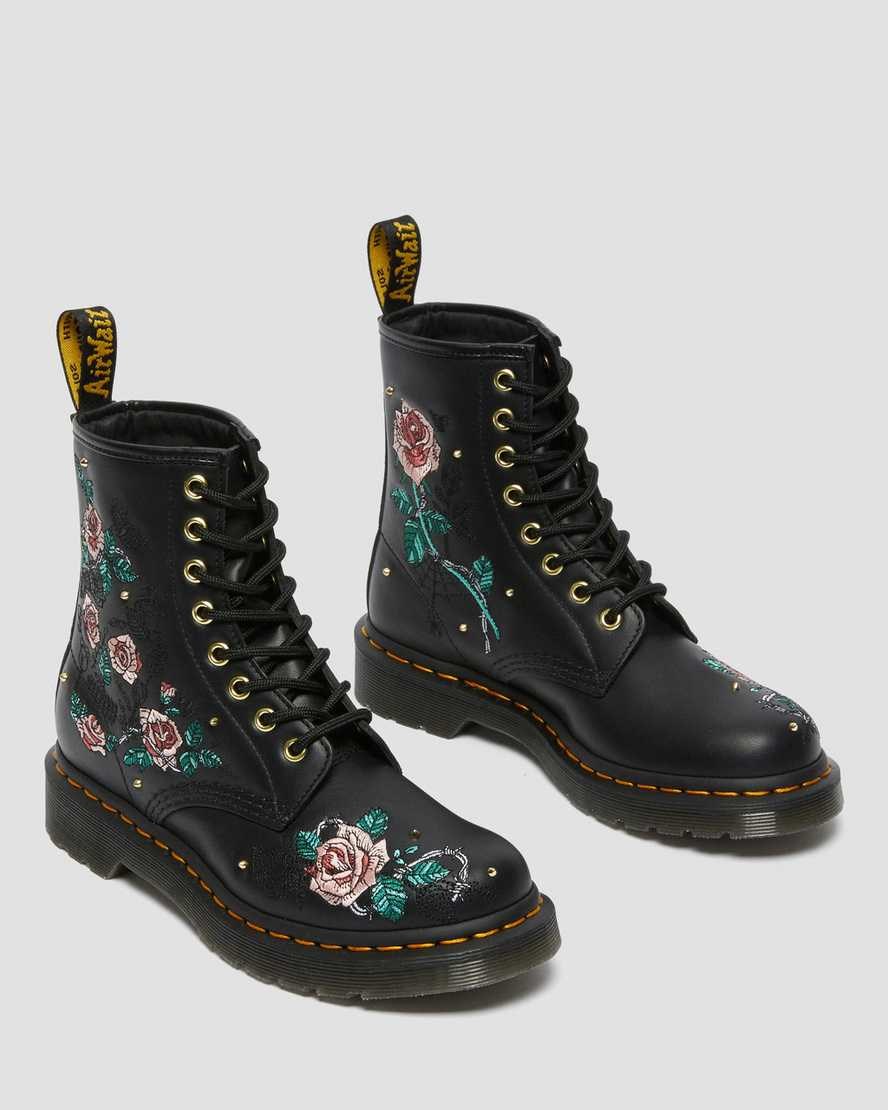 Black Nappa Women's Dr Martens 1460 Vonda Floral Leather Lace Up Boots | 617038-LCP