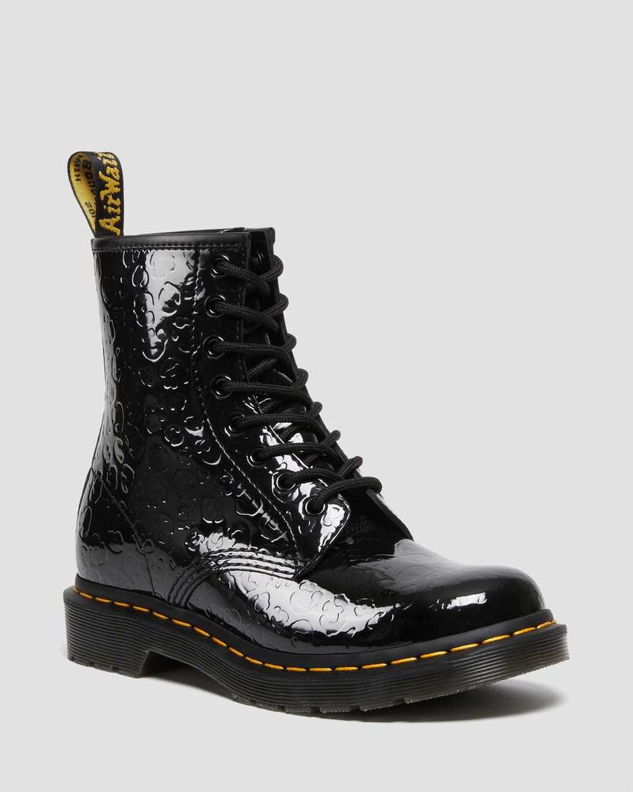 Black Patent Lamper Leopard Emboss Women\'s Dr Martens 1460 Leopard Emboss Patent Leather Lace Up Boots | 745839-TDH