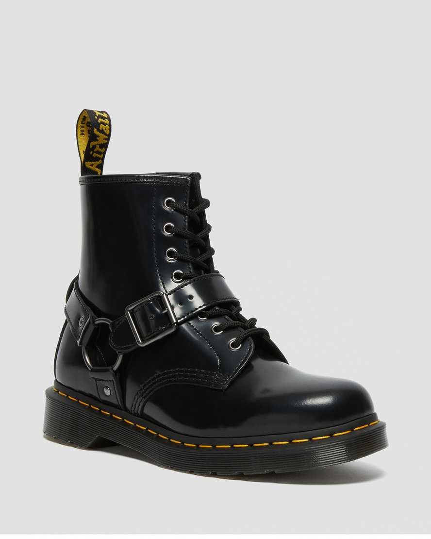 Black Polished Smooth Men\'s Dr Martens 1460 Harness Leather Ankle Boots | 702685-ABJ