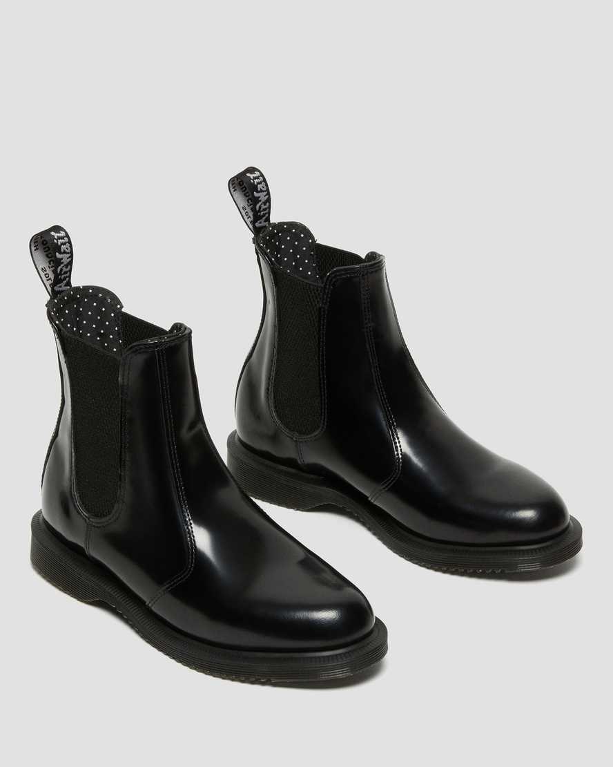 Black Polished Smooth Women's Dr Martens Flora Smooth Leather Ankle Boots | 513479-PEJ