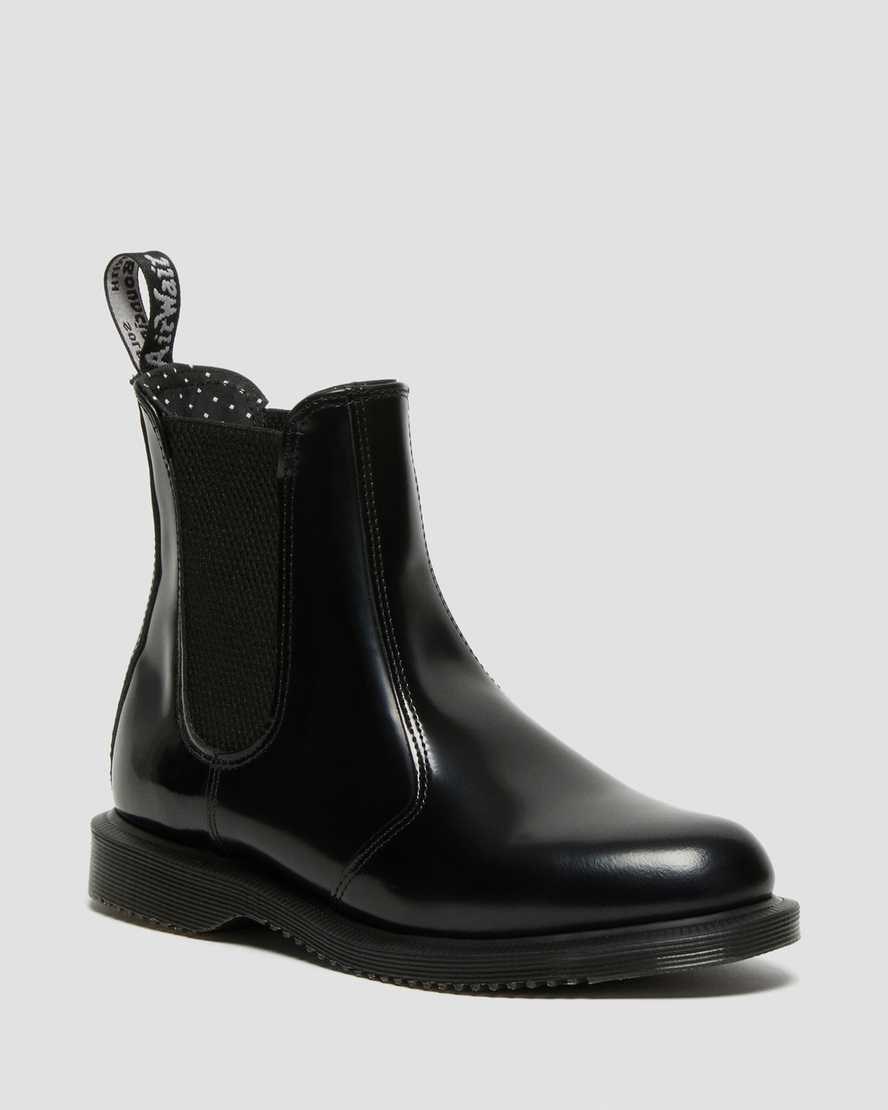 Black Polished Smooth Women\'s Dr Martens Flora Smooth Leather Ankle Boots | 513479-PEJ