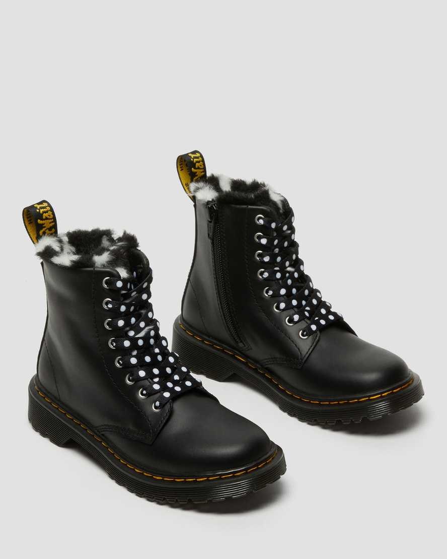 Black Romario Kids' Dr Martens Junior 1460 Serena Faux Fur Lined Leather Lace Up Boots | 598263-FNA