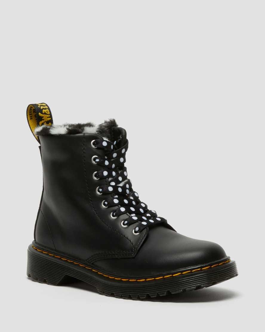 Black Romario Kids' Dr Martens Junior 1460 Serena Faux Fur Lined Leather Lace Up Boots | 598263-FNA