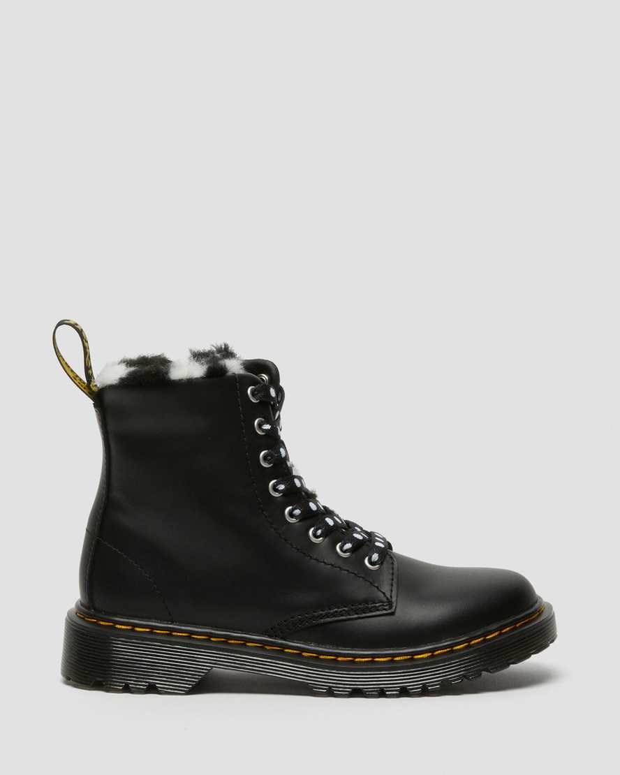 Black Romario Kids' Dr Martens Junior 1460 Serena Faux Fur Lined Leather Lace Up Boots | 598263-FNA