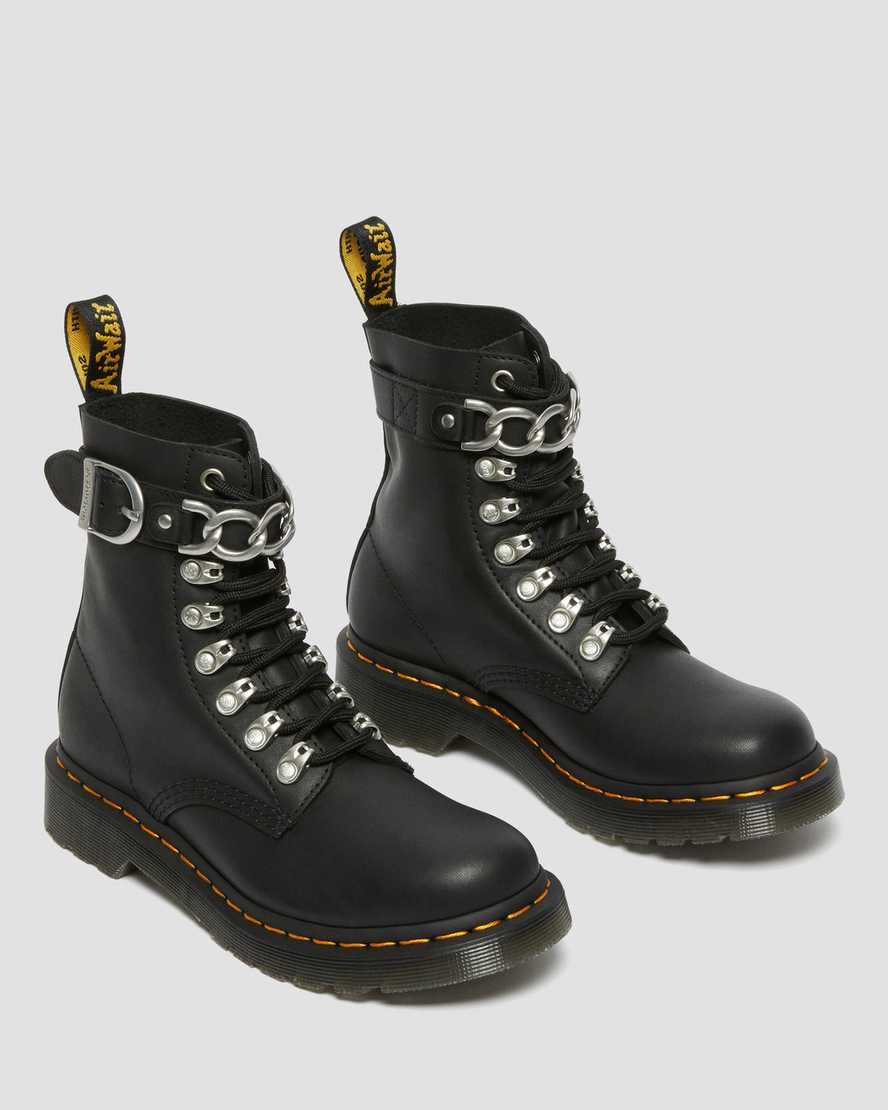 Black Sendal Women's Dr Martens 1460 Pascal Chain Leather Lace Up Boots | 379452-JOL