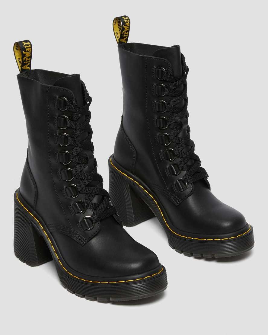 Black Sendal Women's Dr Martens Chesney Leather Flared Heel Lace Up Boots | 896735-CDM