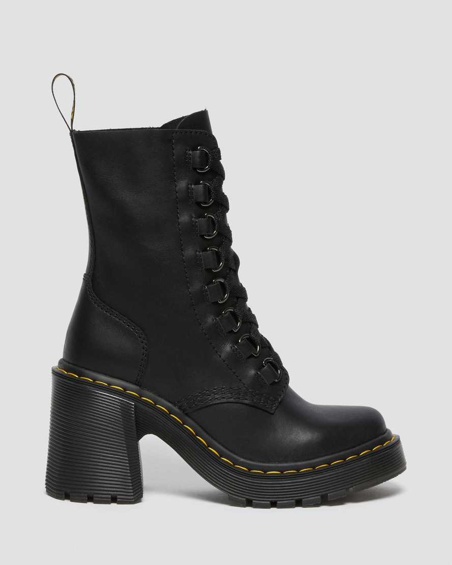 Black Sendal Women's Dr Martens Chesney Leather Flared Heel Lace Up Boots | 896735-CDM