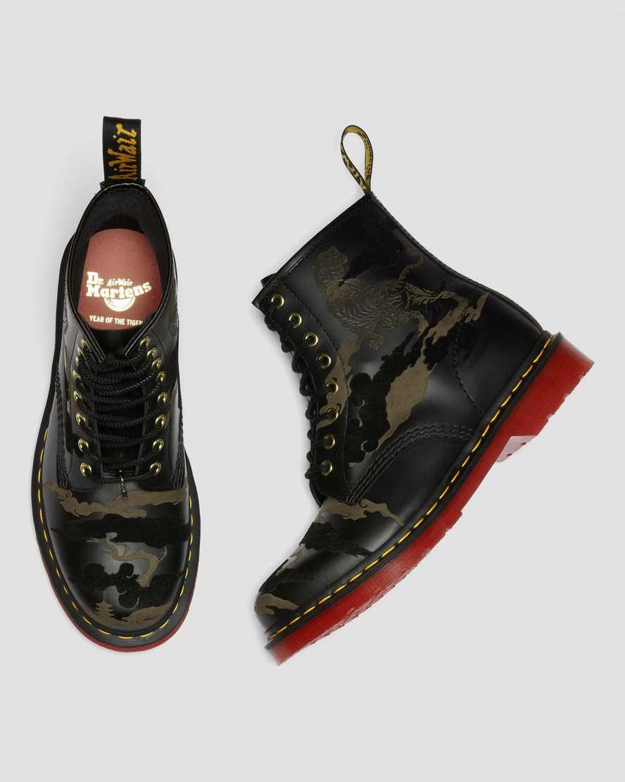 Black Smooth Leather Men's Dr Martens 1460 Year of The Tiger Leather Lace Up Boots | 156420-KMP