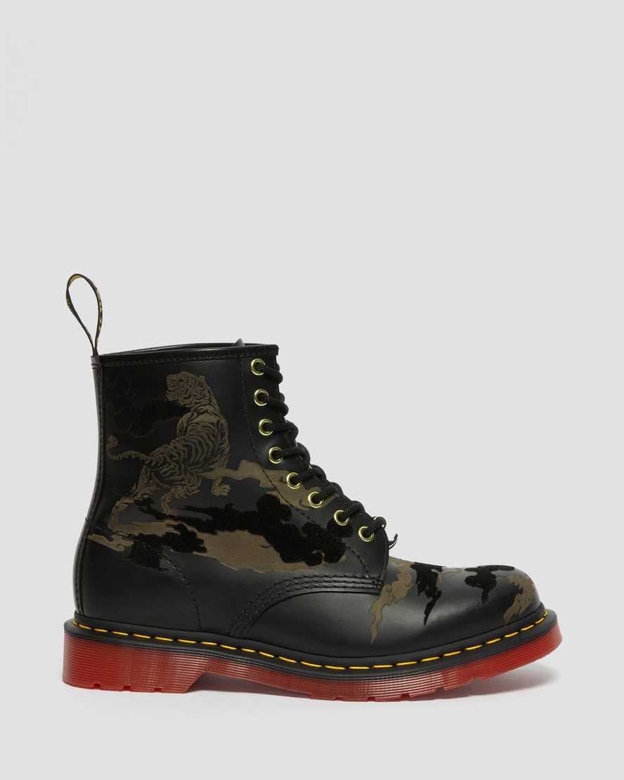 Black Smooth Leather Men's Dr Martens 1460 Year of The Tiger Leather Lace Up Boots | 156420-KMP